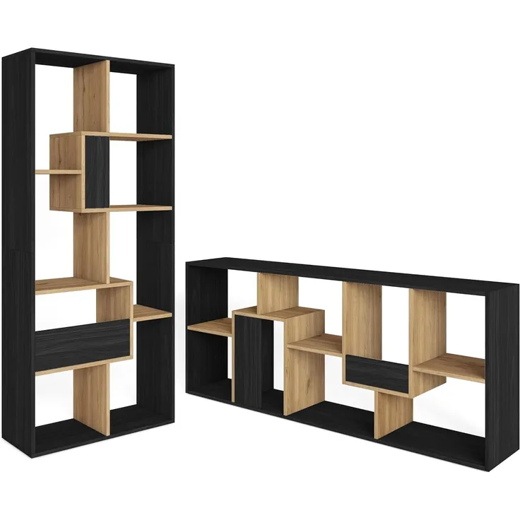 Skraut Home | Bücherregal Bibliothek | Bookshelf, Bookcase | 162 x 67 x 31 cm | Aufbewahrungsregal | Moderner Stil | Schwarz und Eiche