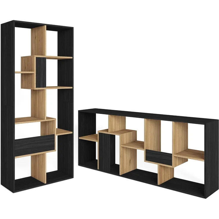 Skraut Home | Bücherregal Bibliothek | Bookshelf, Bookcase | 162 x 67 x 31 cm | Aufbewahrungsregal | Moderner Stil | Schwarz und Eiche