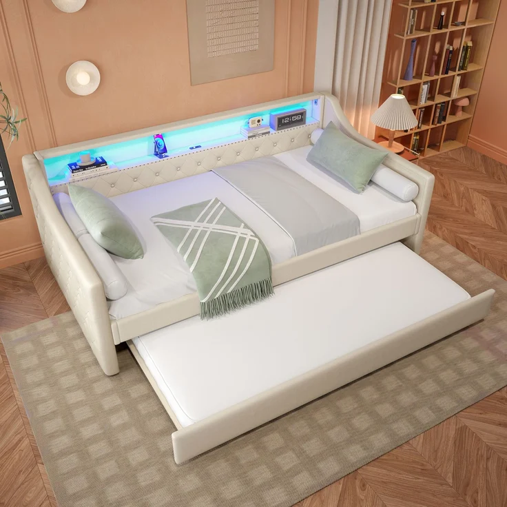 Polsterbett 90×200 cm aus Leinen-Stoff mit LED-Beleuchtung, USB-Anschluss und Ausziehbett, beige – Bild 3