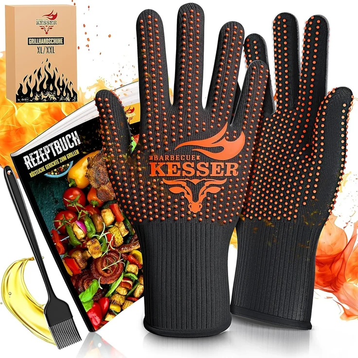 KESSER® Grillhandschuhe hitzebeständig bis 500° | Ofenhandschuhe Atmungsaktiv & mit rutschfestem Griff | Topfhandschuhe aus Aramid-Gewebe | Kamin-Handschuh Maschinenwaschbar Schwarz / Orange, XL-XXL
