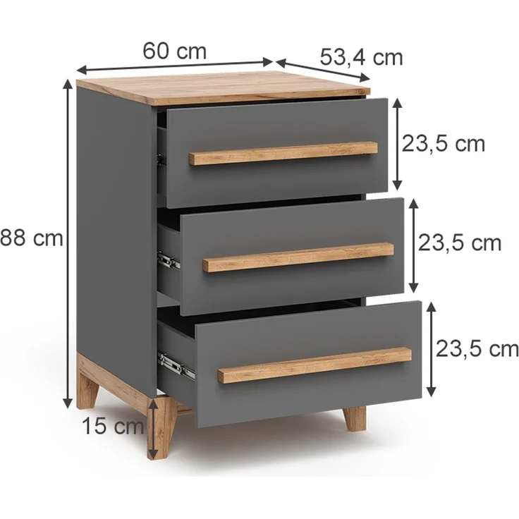 Kommode Malia Grau/Artisan 60 x 88 cm mit 3 Schubladen Vitalispa – Bild 2