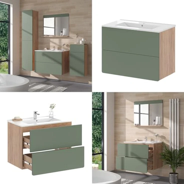 Vichy Badmöbelset Izan, 2-teiliges Badmöbel-Set in Goldkraft Eiche/Grün mit Waschbeckenunterschrank und Spiegelschrank mit Beleuchtung – Bild 7