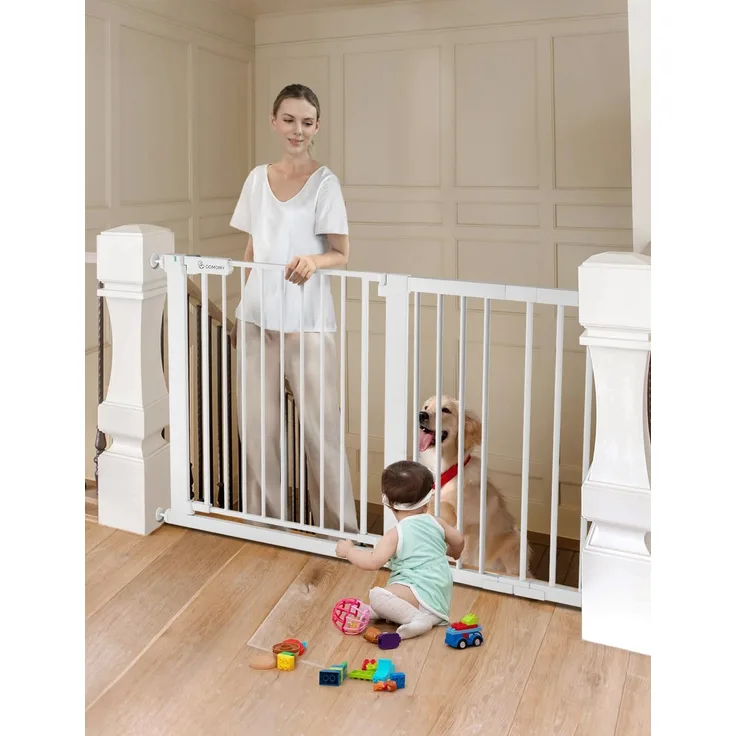 COMOMY 75-131cm Treppenschutzgitter Ohne Bohren, Türschutzgitter Automatisches Schließen mit Grün/Rotem Schild, Baby schutzgitter Kindergitter Hundegitter für Treppe (76cm Hoch, Weiß)