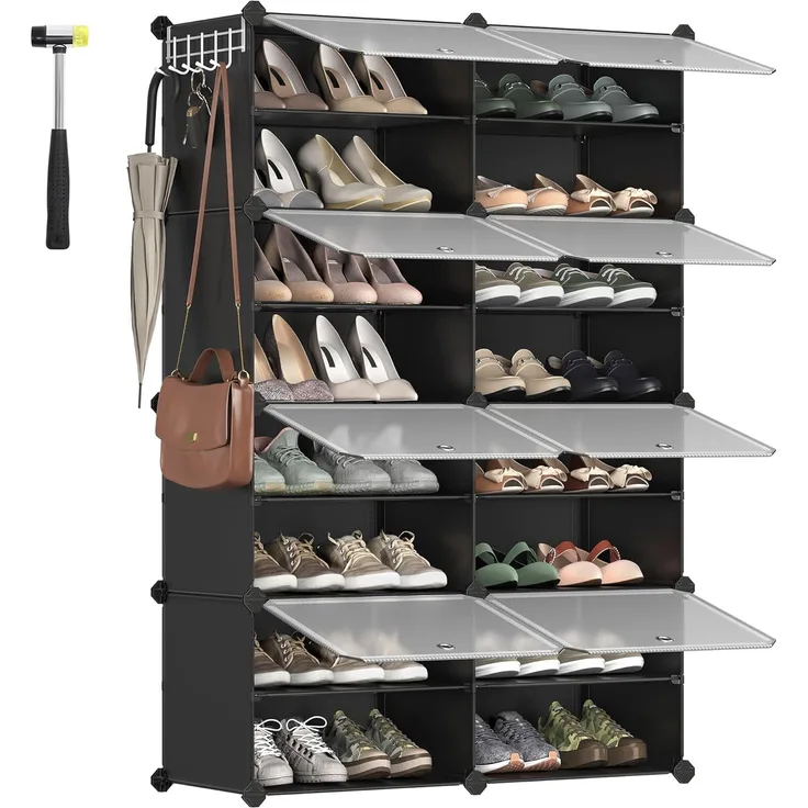 SONGMICS Schuhregal mit 8 Fächern, Schuhschrank, 30 x 40 x 30 cm pro Fach, schmal, mit Türen, Stahlrahmen, Kunststoff, für Flur, Schlafzimmer, Eingangsbereich, schwarz LPC034B01