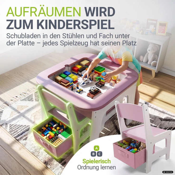 Juskys 'Milou' Kindersitzgruppe mit 2 Stühlen, 1 Tisch & Stauraum, Holz rosa – Bild 3