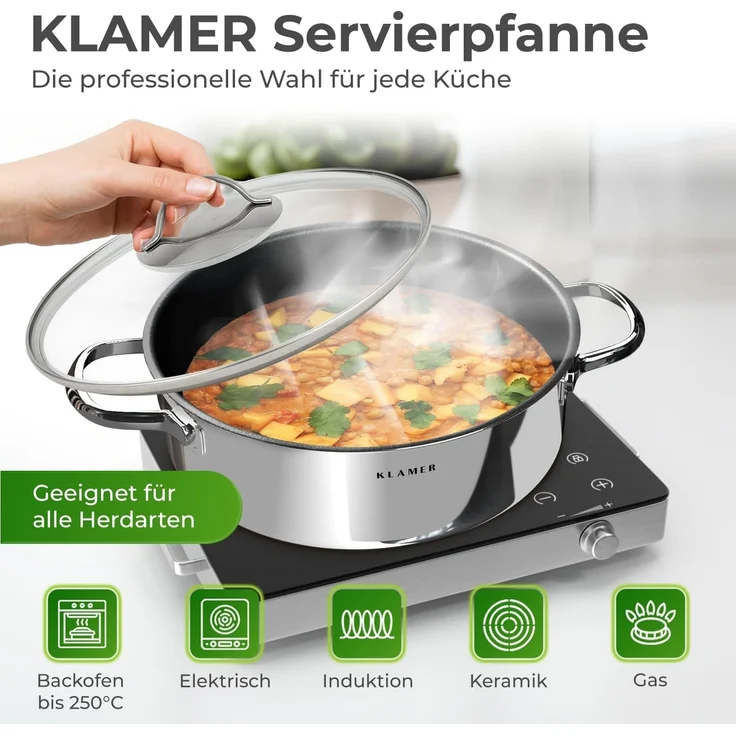 KLAMER Servierpfanne mit Deckel 28cm Induktion, antihaftbeschichteter Edelstahl Schmortopf…, Energiesparend, Güteglasdeckel, tropffrei abgießen – Bild 2
