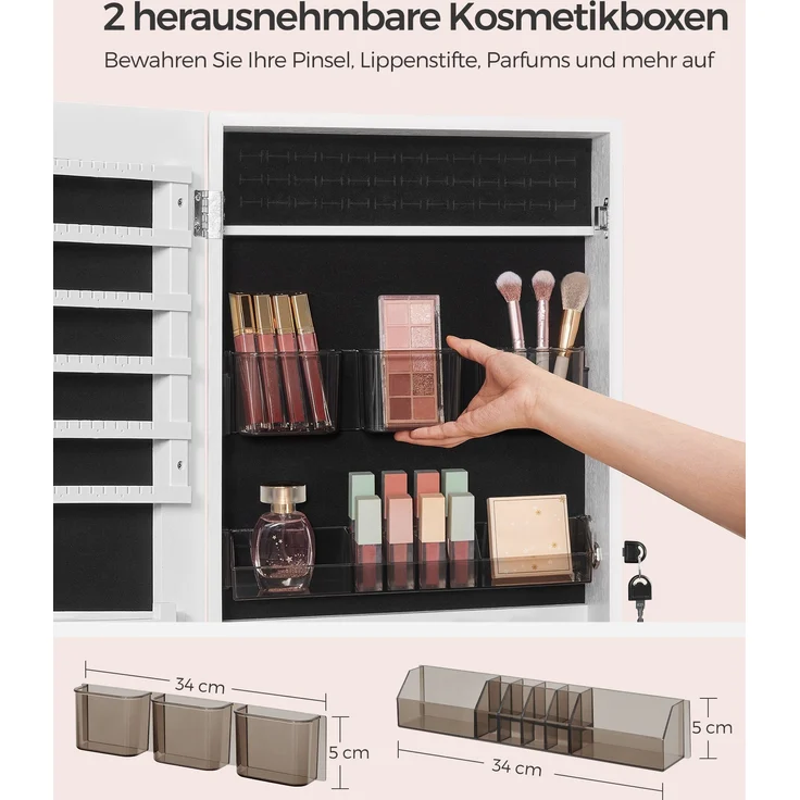 Schmuckschrank hängend, Hängeschrank mit rahmenlosem Ganzkörperspiegel, abschließbarer Spiegelschrank, Wandschrank mit 2 separaten Make-up Organizern, für Ketten, Ohrringe, weiß JJC001W01 – Bild 4