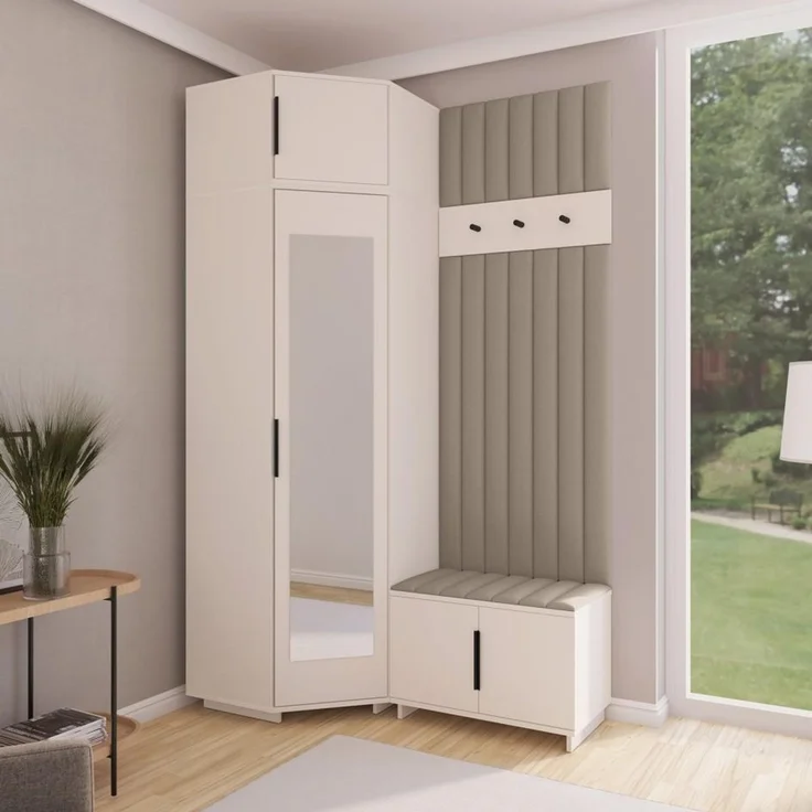 Garderoben-Set Napoli Version 22: Eckschrank mit Polsterpaneelen, Schuhschrank Flur und Eingangsbereich (Cashmere/Trinity 03), 229 x 70 x 140 cm – Bild 7