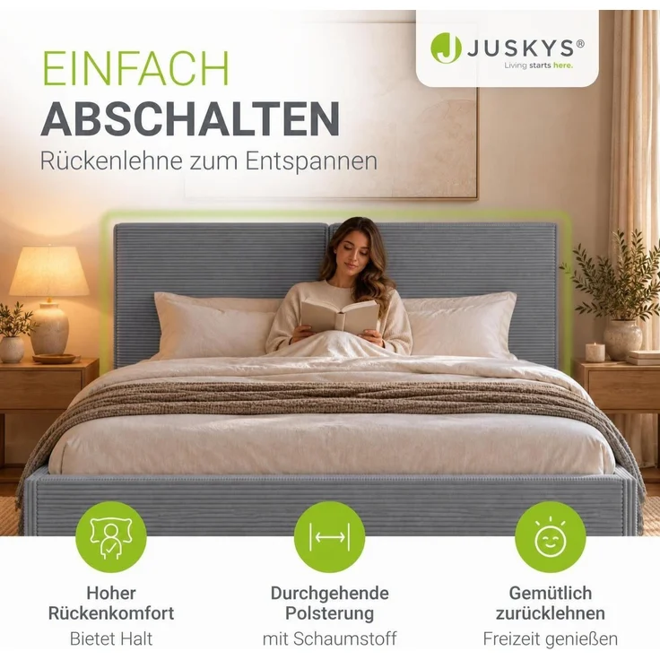 Juskys Polsterbett Salerno 140 x 200 cm – Cord Grau, modernes Bett mit Kopf- & Fußteil, stabilem Holz- & Metallrahmen, Lattenrost, 500 kg Tragkraft – Bild 4