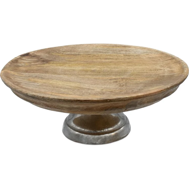 Spetebo Servierteller Mango Deko Teller mit Fuß aus Aluminium - Ø 30 cm, Holz, (Dekorativer Teller, 1-tlg, Inhalt), Holz Servierständer mit Metall Standfuß – Bild 1