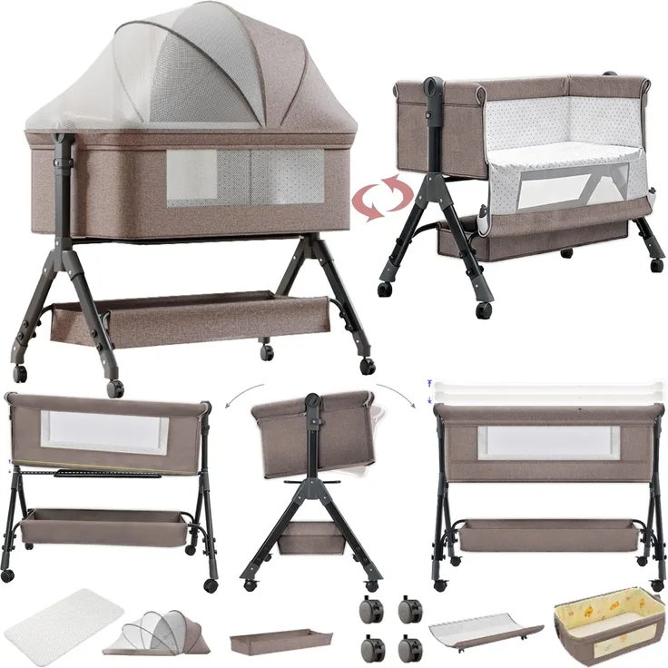 Magic ZC Beistellbett Baby mit Rollen, Co-Sleeping Babybett, Ausgestattet mit einem großen Lagerkorb und beweglichen Rädern, Faltbar Convertible Stubenwagen Baby Kleinkind Wiege (X3 Khaki)