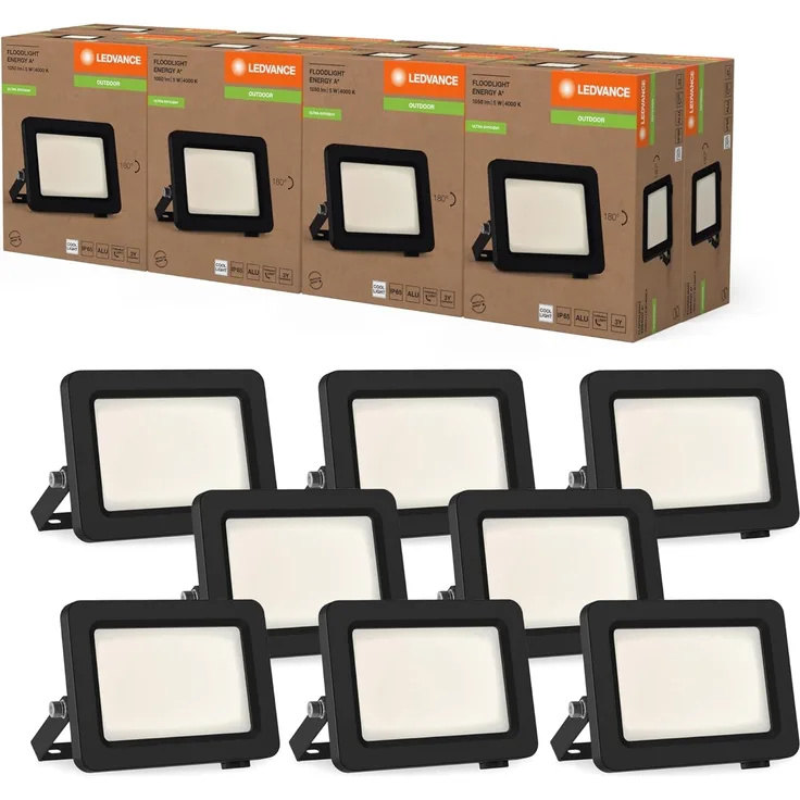 LEDVANCE LED-Flutlicht mit Energieeffizienzklasse A, schwarzes Aluminiumgehäuse, 5 W, 870 lm, für Außenanwendungen, kompaktes Design, leichtes Gewicht, einfache Montage, 8-pack