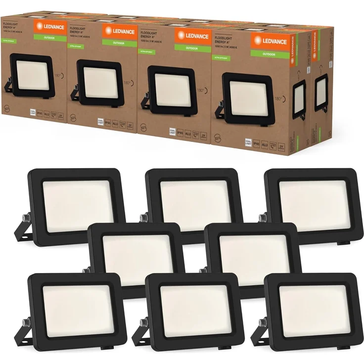 LEDVANCE LED-Flutlicht mit Energieeffizienzklasse A, schwarzes Aluminiumgehäuse, 5 W, 870 lm, für Außenanwendungen, kompaktes Design, leichtes Gewicht, einfache Montage, 8-pack