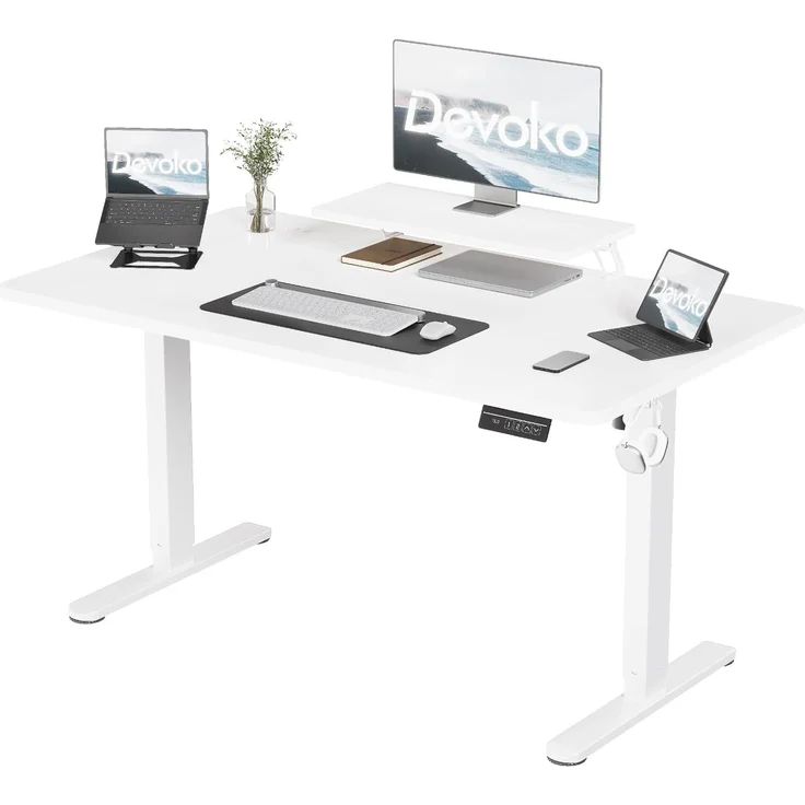 Devoko 160×70cm Elektrisch Höhenverstellbarer Schreibtisch mit Monitorständer, Computer-Schreibtisch, mit 2 Höhen-Speicherfunktionen, Weiß – Bild 1