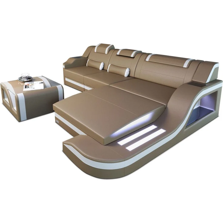 Design Ledersofa Palermo L-Form mit LED - Büffelleder - sandbeige-weiß - Rechts – Bild 1