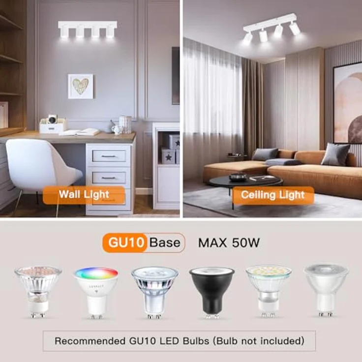 Ketom Deckenstrahler 4 Flammig GU10, Verstellbare LED Deckenlampe in Weiß, 43cm, Ohne Leuchtmittel – Bild 4