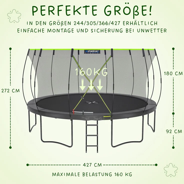 KINETIC SPORTS Premium Outdoor Trampolin 'Ultimate Pro' für Kinder und Erwachsene, AirMAXX Sprungtuch, mit Leiter, Fieberglas, bis zu 160 kg, Kürbis-Design, Ø 427 cm – Bild 8
