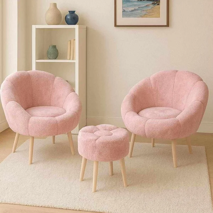 Hanah Home Elegantes Ohrensessel- und Pouf-Set (3-teilig), Rosa, 100% Wellssoft-Stoff, 18 mm Melaminplatte | Perfekt für gemütliche Wohnräume – Bild 3