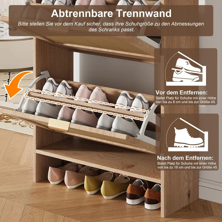 ZUBALIYA Schuhschrank (65 x 25 x 106 cm), 2 Klappfächer und 2 Schubladen, Fronten in Flechtoptik, Aus Spanplatte, Naturfarben – Bild 8