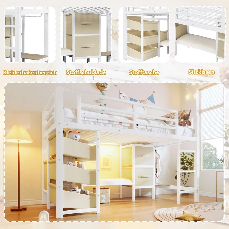 90*200 cm, Halbhohes Bett, mit Sitzkissen, Stoff-Stauraumschublade, Stoff-Stauraumtasche, mehrfarbiger LED-Beleuchtung, Kleiderhakenbereich, Metall, ohne Matratze, Weiß – Bild 3