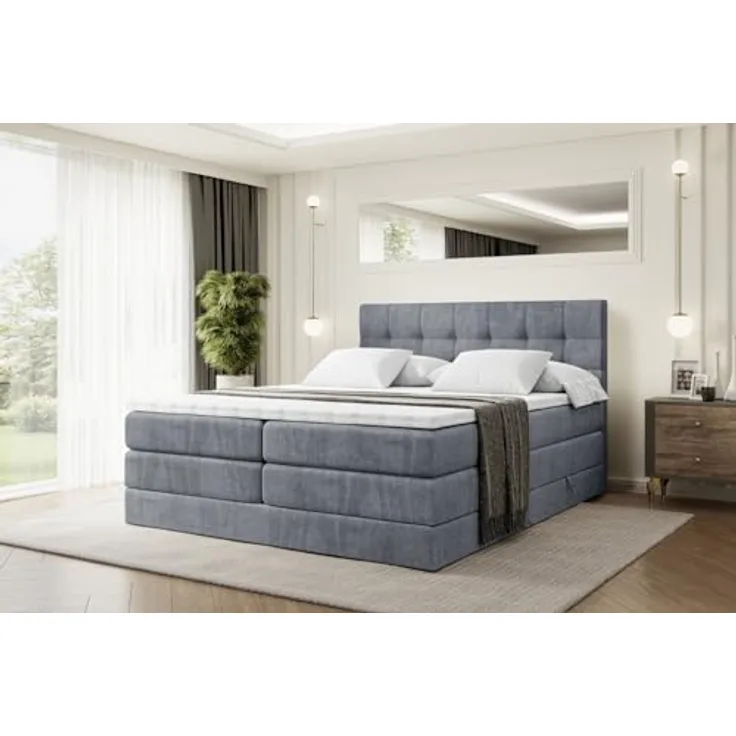 ALTDECOR BERO KING Boxspringbett 180x200 mit H3 Bonellfederung, H4 Multipocket-Matratze (18 cm), 4 cm Topper, gepolstert, Bettkasten, Grau Samt