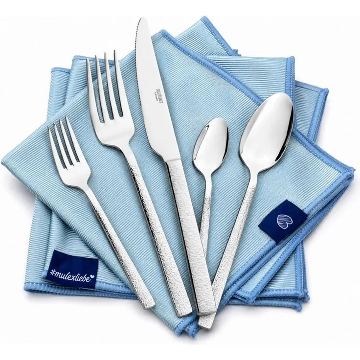 Mulex Besteck-Set Genua, Besteckset mit 3 Multifunktionstüchern (63-tlg), 12 Personen, Edelstahl 18/0, Kratzfestes Besteck mit edlem Design und angenehmer Haptik