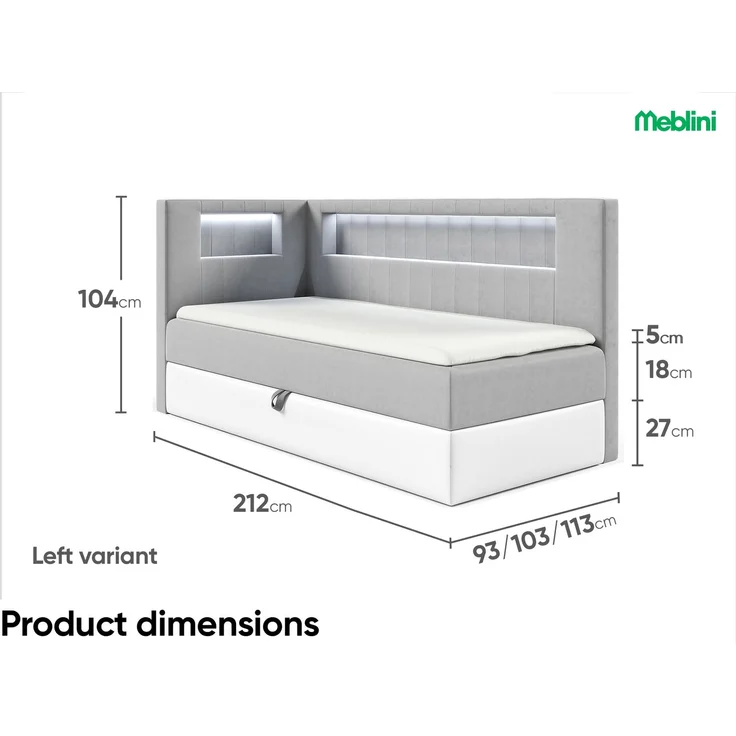 MEBLINI Kinderbett mit Bettkasten GARETH 3 100x200 Links – H3/Grau Samt Gepolstert Einzelbett mit Matratze - Polsterbett mit Stauraum - Bett mit Kopfteil – Stauraumbett – Bild 6