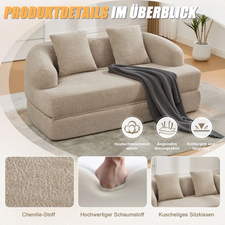 ZUBALIYA Schlafsofa 84x65 cm, mit LED - Beleuchtung, mit Chenille - Bezug, modular aufgebaut, mit Schaumstoffpolsterung – Bild 2