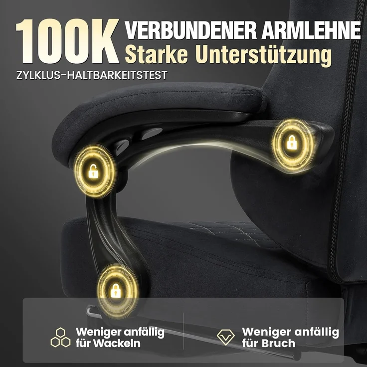 GTPLAYER Gaming Stuhl Stoff Gaming Chair Ergonomisch Bürostuh PC Stuhl, 150kg Belastbarkeit, Verstellbarer und Drehbarer Schreibtischstuh mit Federsitzkissen und Fußstütze, Schwarz – Bild 5