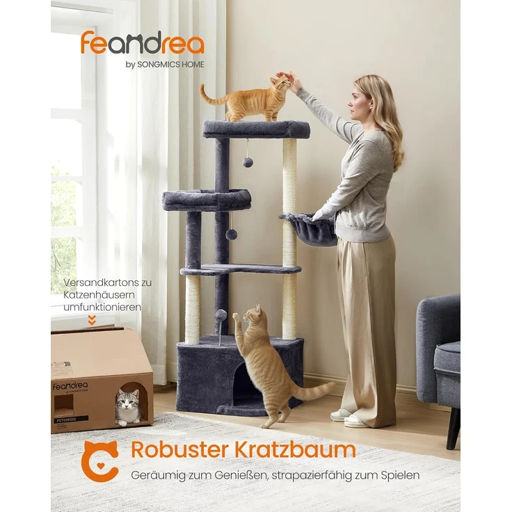 Feandrea Kratzbaum, Katzenbaum, 48,5 x 48,5 x 140,7 cm, Katzenkratzbaum mit großer Kuschelhöhle, großen Plattformen, Plüschbällen, Liegemulde, dukelgrau – Bild 2