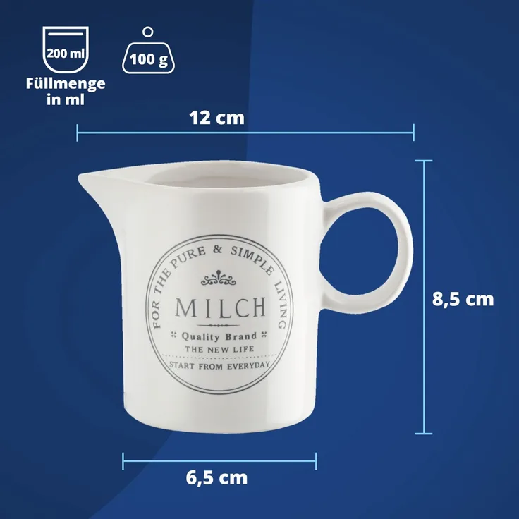 KHG Milchkännchen 150ml Kapazität, Milchkrug Keramik Steingut Weiß Zierschrift, Landhaus & Vintage Boho Stil, für den Kaffeeservice, Milchkanne klein mit Henkel & präzisem Ausgießer