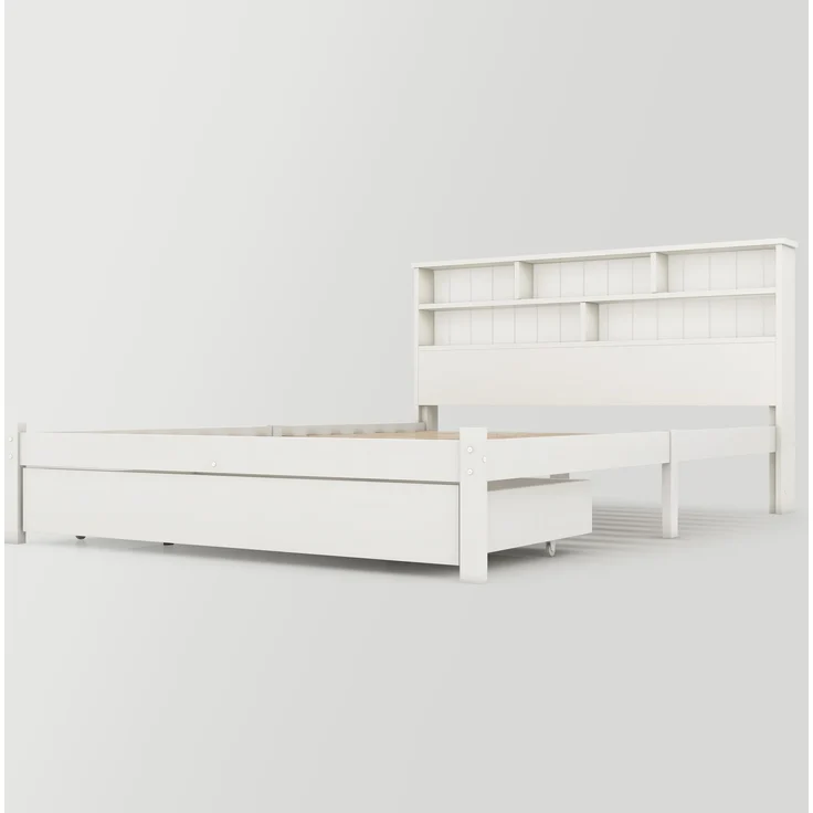 Massivholz-Bett mit Bücherregalkopfteil & Rollschubladen, 140x200 cm, Weiß, ohne Matratze – Bild 9