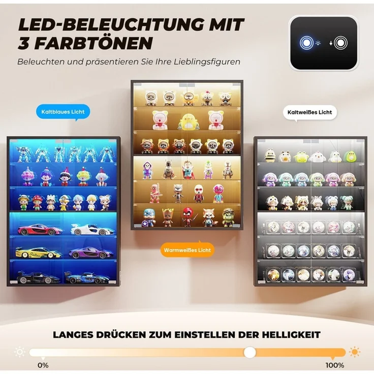 Hängevitrine 60x12x80 cm, Wandvitrine mit 6 verstellbaren Glasböden, LED-Beleuchtung und Sensor, Schwarz – Bild 5