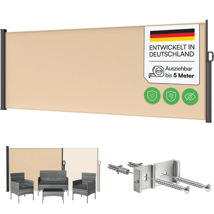 STEELSØN 'Zirella' Seitenmarkise mit Aluminium-Kassette, ausziehbar, 200x500 cm, beige/anthrazit, wetterfest und blickdicht