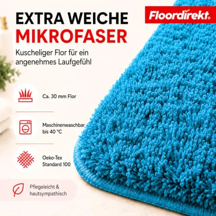 Floordirekt Badematte Sky - Hochflor Badezimmerteppich, rutschhemmend & schnell trocknend, geeignet für Fußbodenheizung, eckig & rund (70 x 120 cm, Hellblau) – Bild 5