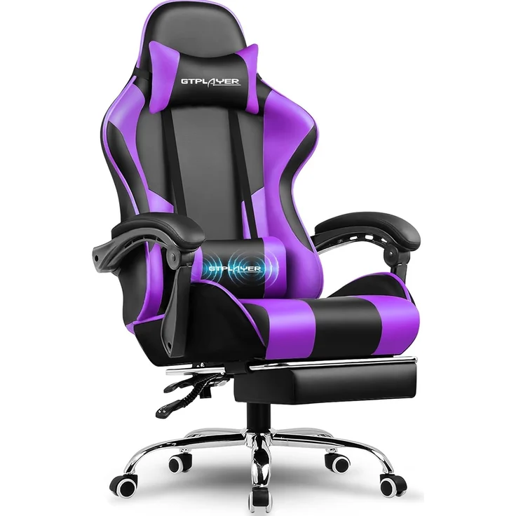 GTPLAYER Gaming Stuhl, Bürostuhl, Ergonomischer Pc Stuhl, Gaming Sessel mit Massagelendenwirbelstütze, Task Stühle mit Fußstütze und Kopfstütze, Lila Kunstleder – Bild 1
