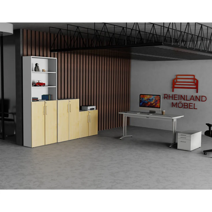 Rheinland Möbel Flügeltürenschrank Cabino 80×42×216 cm – abschließbarer Aktenschrank 3OH mit Regalaufsatz 3OH in Weiß/Ahorn mit 110° Drehtüren & Metallgriff – Bild 5