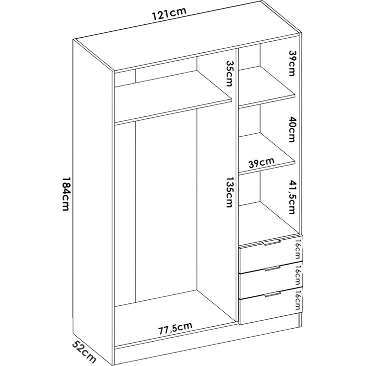 Dmora Kleiderschrank 3 Türen Astru, Kleiderbügel für Schlafzimmer, 3-Schubladen-Kleiderschrank, 121x52h184 cm, Eiche – Bild 3