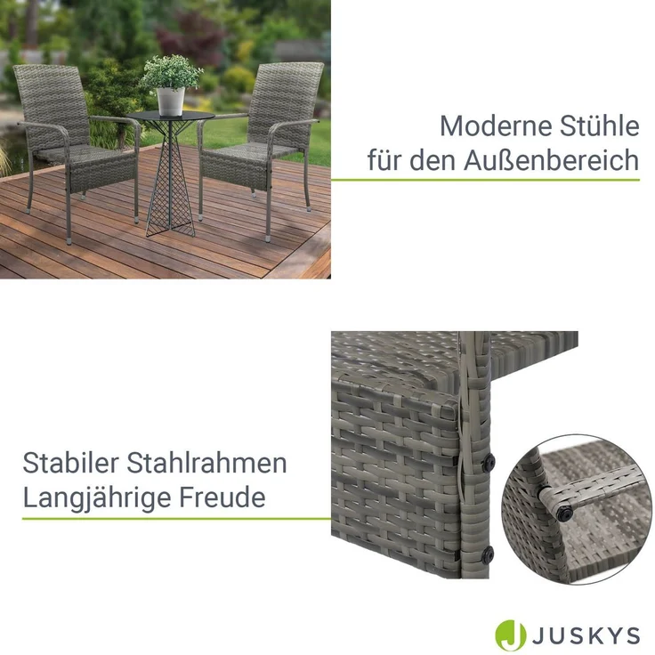 Juskys Polyrattan Gartenstühle Yoro 2er Set - mit Armlehnen & Rückenlehne - 2 Stühle stapelbar - Rattan Stuhl Garten - Stapelstuhl Grau-meliert – Bild 3