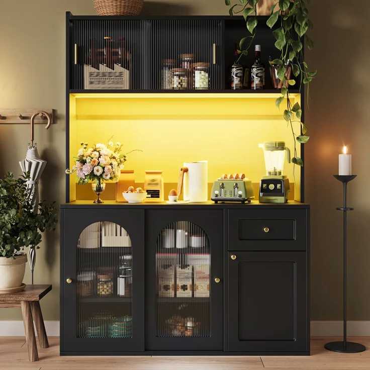 Merax Küchenschrank, Hochschrank, Vitrinenschrank, Buffetschrank mit Verstellbaren Ablagen, Esszimmerschrank, Sideboard mit LED-Beleuchtung, schwarz – Bild 2
