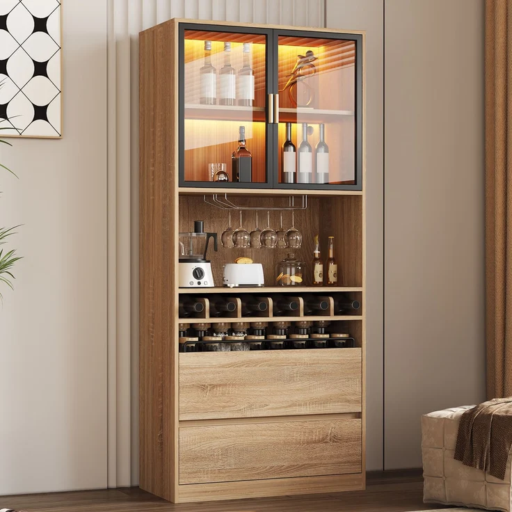 Badezimmerschrank,Spirituosenschrank,Vitrine Vitrinenschrank mit Glastüren und Beleuchtung 180 CM--Natürlich1--80x40x180cm--YOUDENOVA – Bild 6