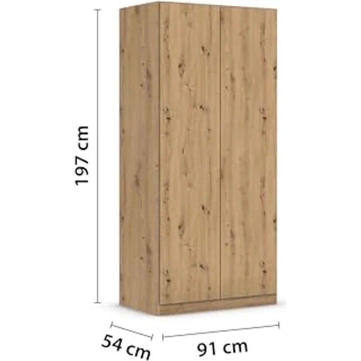 Rauch Möbel Costa, Kleiderschrank für Schlafzimmer, Kinderzimmer, Babyzimmer, Garderobe, Flur, 2-türig, Push-to-Open, mit Zubehör Classic, Farbe Eiche Artisan, Holz, Breite 91 cm – Bild 3