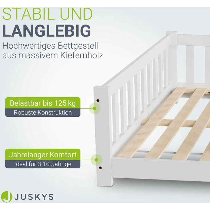Juskys 'Naya' Kinderbett - mit Matratze, Rausfallschutz & Lattenrost - Bodenbett für Kinder 3 -10 Jahre - Holz Weiß, 140x200 cm – Bild 3