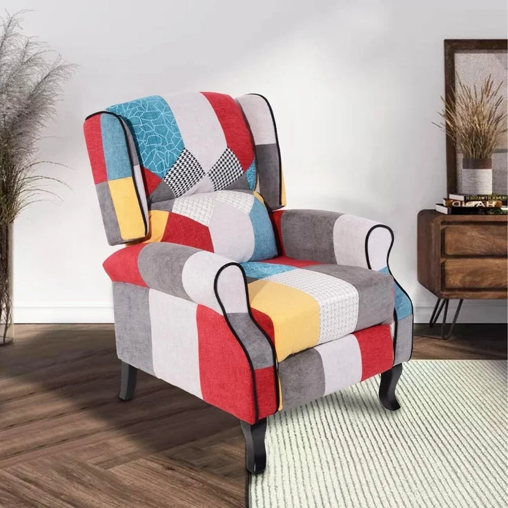 BAKAJI Sedia Poltrona Reclinabile Toppe Seduta Comoda Struttura Legno Lehnstuhl Patchwork Patches Design bequemer Sitz Struktur Holz, Canvas, braun, Standard – Bild 2
