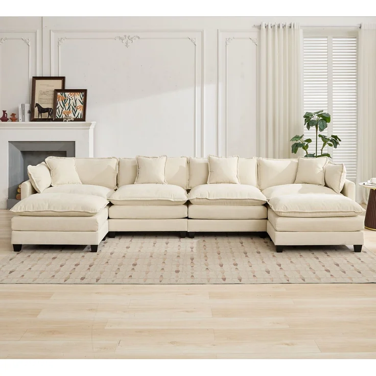 ZUBALIYA Sofa mit LED - Beleuchtung, mit Chenille - Bezug, mit Cordbezug, modular aufgebaut, aus Chenille, Beige – Bild 12