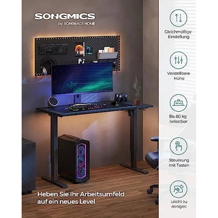 Songmics Höhenverstellbarer Schreibtisch elektrisch, Tischgestell, Schreibtischständer mit Motor, stufenlos verstellbar, 140x70 x (73-114) cm, Stahl, schwarz LSD012B02 – Bild 4