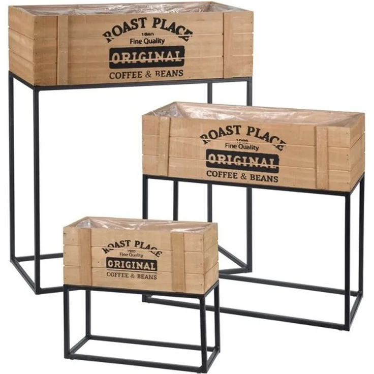Spetebo Blumenständer Blumenständer 3er Set aus Holz und Metall (Set, 3 St, Pflanzenständer Set), Pflanzkasten auf Ständer mit Folie ausgekleidet