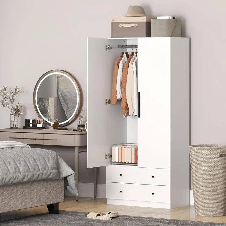 HOMCOM Kleiderschrank 2-türig mit Kleiderstange und 2 Schubladen (Garderobenschrank, 1-St, Mehrzweckschrank) für Schlafzimmer 79 x 43 x 180 cm Weiß – Bild 9