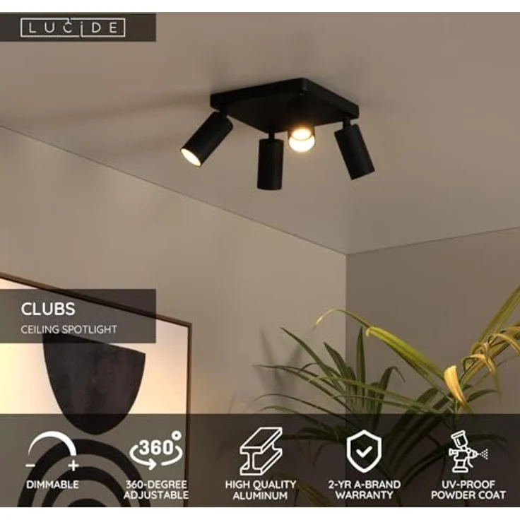 LUCIDE CLUBS Deckenstrahler, 4xGU10, dreh- und kippbar, Schwarz, geeignet für LED-Lichtquellen – Bild 3