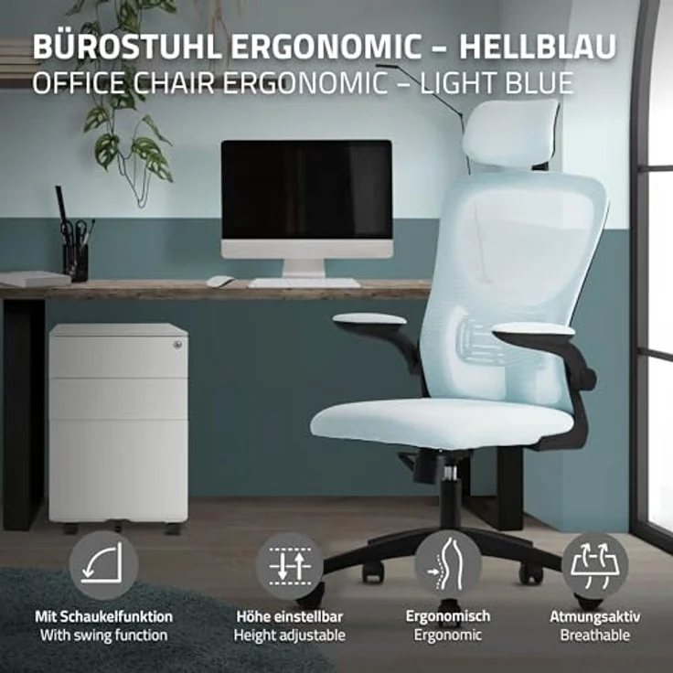 ML-DESIGN Bürostuhl Schreibtischstuhl ergonomisch mit verstellbarer Kopfstütze, Armlehnen, Drehstuhl mit Rollen Blau Computerstuhl Chefsessel Gaming-Stuhl – Bild 5